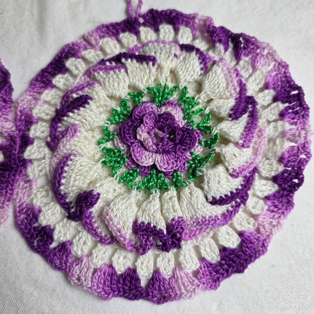 Handmade Crochet Potholders Set of 2 Purple White Floral Rose Pinwheel Hot Pads